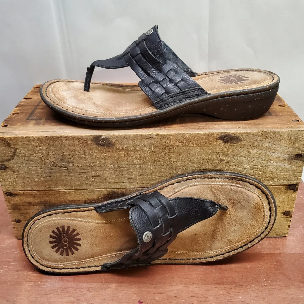 UGG Women's JENAYA Black Woven Leather Thong Sandals Size 9 - Picture 8 of 10